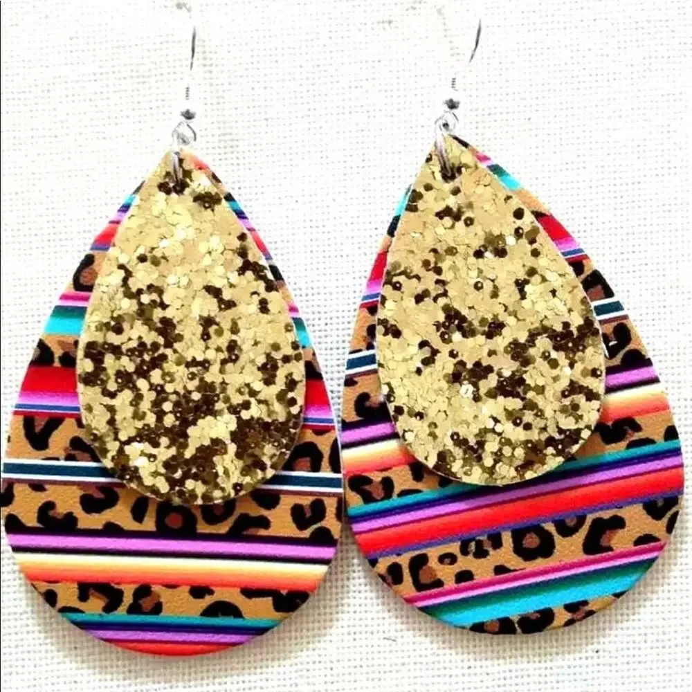 Leopard Serape Glitter Boho Vegan Leather Teardrop Earrings